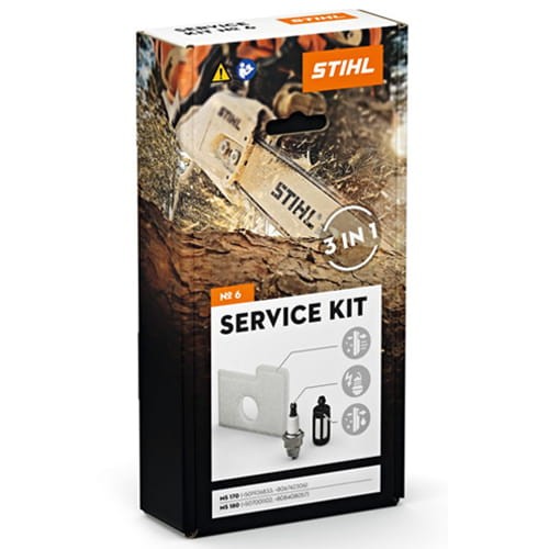 Zestaw serwisowy Stihl nr 6 do pilarek MS 170 (do 2014) oraz MS 180 (do 2015) wyposażony jest w filtr paliwa, filtr powietrza, świeca zapłonowa, głowica ssąca