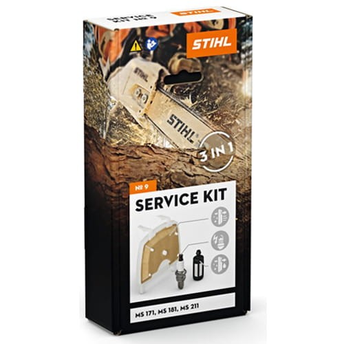 Zestaw serwisowy Stihl nr 9 do pilarek MS 171, MS 181, MS 211 wyposażony jest w  filtr powietrza, świeca zapłonowa, filtr paliwa, głowica ssąca