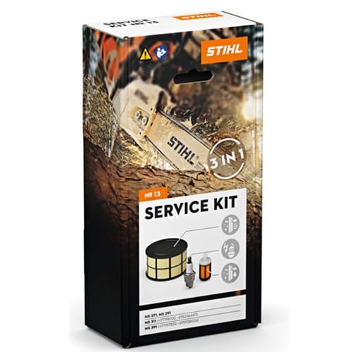 Zestaw serwisowy Stihl nr 13 do pilarek MS 271, MS 291, MS 311 (od 2014), MS 391 (od 2014) wyposażony jest w  filtr powietrza, świeca zapłonowa, filtr paliwa, głowica ssąca