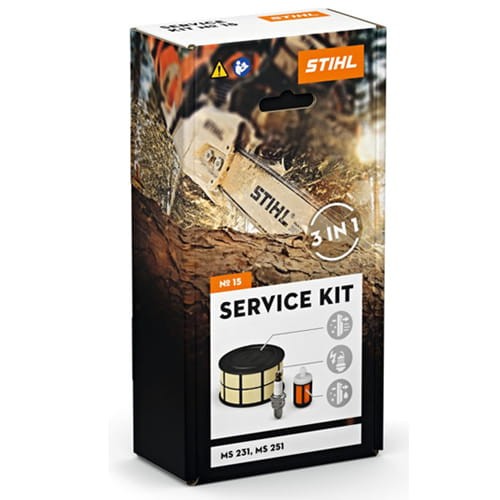 Zestaw serwisowy Stihl nr 15 do pilarek MS 231, MS 251 wyposażony jest w  filtr powietrza, świeca zapłonowa, filtr paliwa, głowica ssąca