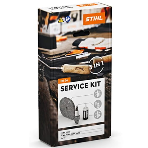 Zestaw serwisowy Stihl nr 26 do kos FS 40, FS 50, FS 56, FS 70 oraz innych urządzeń HT 56, KM 56 wyposażony jest w filtr powietrza, świeca zapłonowa, filtr paliwa, głowica ssąca