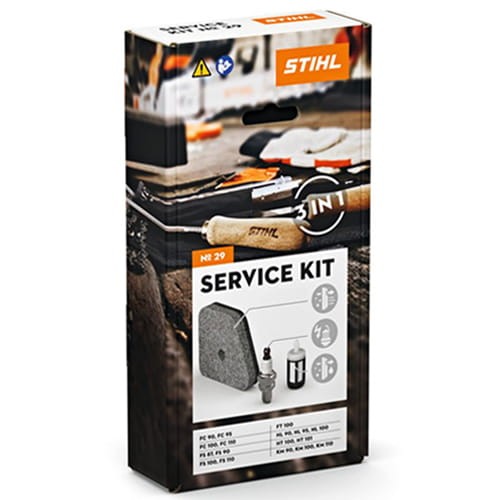 Zestaw serwisowy Stihl nr 29 do kos FS 87, FS 90, FS 100 oraz innych urządzeń HL 95, HL 100, HT 100, HT 101, KM 90 wyposażony jest w filtr powietrza, świeca zapłonowa, filtr paliwa, głowica ssąca