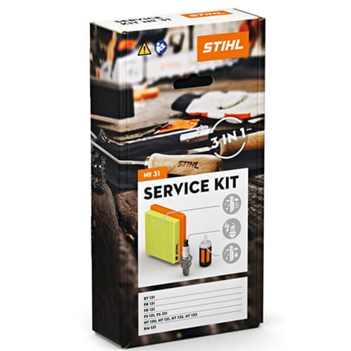 Zestaw serwisowy Stihl nr 31 do kos FS 131, FS 311, FR/FB 131 oraz innych urządzeń HT 130, HT 131, HT 132, HT 133, HT 135, KM 131, BT 131 wyposażony jest w filtr powietrza, świeca zapłonowa, filtr paliwa, głowica ssąca