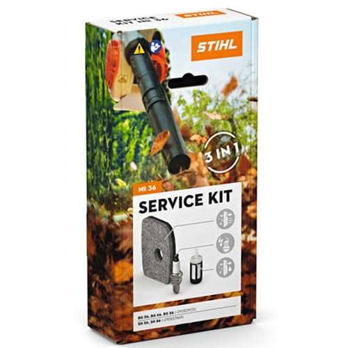 Zestaw serwisowy Stihl nr 36 do dmuchaw i odkurzaczy BG 56, BG 66, BG 86, SH 56, SH 86 wyposażony jest w filtr powietrza, świeca zapłonowa, filtr paliwa, głowica ssąca