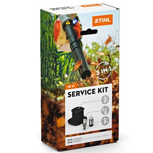 Zestaw serwisowy Stihl nr 37 do dmuchaw i odkurzaczy BG 86, SH 86 wyposażony jest w filtr powietrza, świeca zapłonowa, filtr paliwa, głowica ssąca