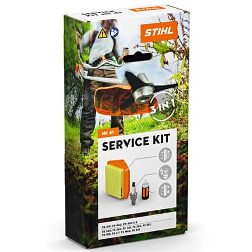 Zestaw serwisowy Stihl nr 41 do kos FR 410, FR 460, FS 240, FS 260, FS 360, FS 361, FS 410, FS 411, FS 460, FS 461 wyposażony jest w filtr powietrza, świeca zapłonowa, filtr paliwa, głowica ssąca