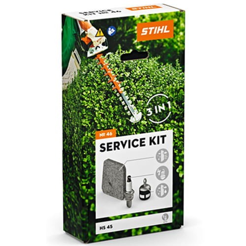 Zestaw serwisowy Stihl nr 46 do nożyc spalinowych HS 45 z silnikiem 2-MIX wyposażony jest w filtr powietrza, świeca zapłonowa, filtr paliwa, głowica ssąca