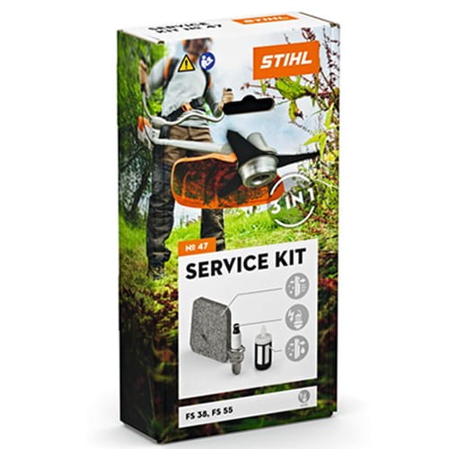 Zestaw serwisowy Stihl nr 47 do kos spalinowych FS 38, FS 55 z silnikiem 2-MIX wyposażony jest w filtr powietrza, świeca zapłonowa, filtr paliwa, głowica ssąca