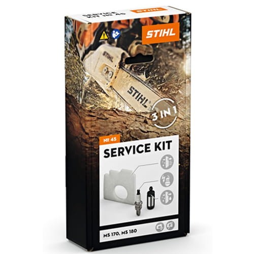 Zestaw serwisowy Stihl nr 45 do pilarek spalinowych MS 170 2-MIX, MS 180 2-MIX wyposażony jest w  filtr powietrza, świeca zapłonowa, filtr paliwa, głowica ssąca