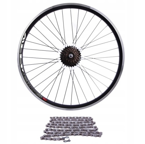Koło 26'' tylne aluminiowe czarne + wolnobieg 7rz + łańcuch