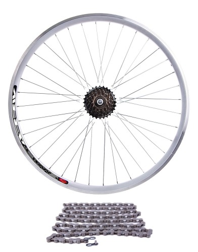 Koło 26'' tylne aluminiowe srebrne + wolnobieg 6rz + łańcuch